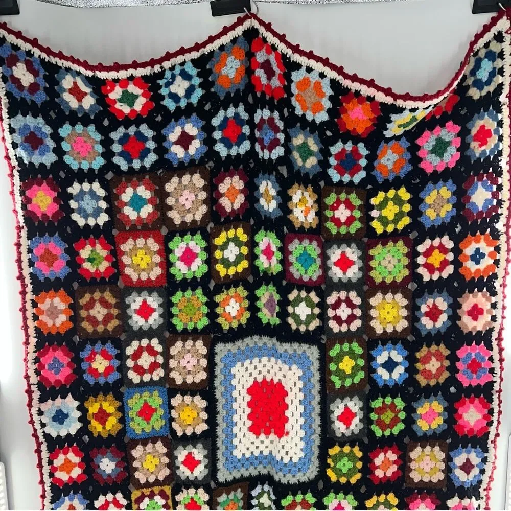 Vintage Afgani Crochet Grandma Square Blanket Throw Quilt Multicolor Handmade